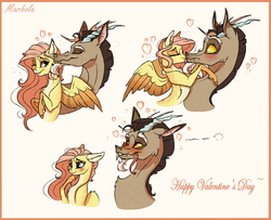 Size: 3000x2436 | Tagged: safe, artist:marbola, discord, fluttershy, draconequus, pegasus, pony, g4, blushing, cute, discute, female, high res, kissing, male, mare, pale belly, ship:discoshy, shipping, shyabetes, smiling, straight