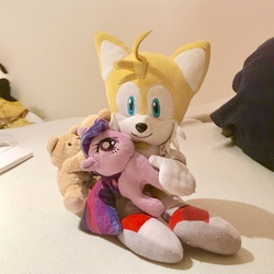 Size: 3024x3024 | Tagged: safe, artist:fiddlerchipmunk, twilight sparkle, pony, unicorn, g4, cheek kiss, crossover, high res, irl, kissing, male, miles "tails" prower, photo, plushie, sonic the hedgehog (series), teddy bear, unicorn twilight, valentine, valentine's day