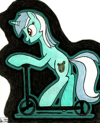 Size: 2453x3004 | Tagged: safe, artist:aracage, lyra heartstrings, pony, unicorn, g4, female, high res, mare, scooter, solo, traditional art