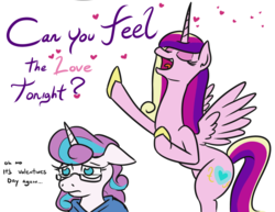 Size: 828x640 | Tagged: safe, artist:jargon scott, princess cadance, princess flurry heart, alicorn, pony, g4, bipedal, can you feel the love tonight, dialogue, duo, female, floppy ears, glasses, heart, holiday, mare, mother and daughter, nerd, nerdy heart, older, older flurry heart, princess of love, simple background, singing, the lion king, thousand yard stare, unamused, valentine's day, white background