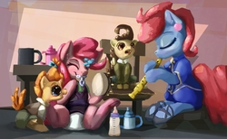 Size: 1928x1188 | Tagged: safe, artist:asdfasfasda, cup cake, pinkie pie, pound cake, pumpkin cake, earth pony, pony, g4, adult foal, baby, baby bottle, cake twins, cup, cute, diaper, diaper fetish, fetish, flute, foal, foal bottle, musical instrument, non-baby in diaper, pacifier, poundabetes, pumpkinbetes, sippy cup, tambourine