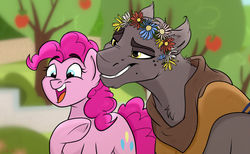 Size: 900x555 | Tagged: safe, artist:rutkotka, pinkie pie, earth pony, pony, g4, clothes, floral head wreath, flower, gaunter o'dim, gaunter o'dimm, male, master mirror, pointing, ponified, smiling, the witcher, the witcher 3, witcher, witcher wild hunt