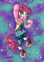 Size: 530x750 | Tagged: safe, artist:pyropk, pinkie pie, earth pony, pony, g4, bipedal, boots, clothes, cosplay, costume, crossover, female, horns, mask, mina ashido, my hero academia, namesake, shoes, solo