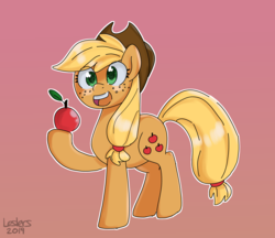 Size: 2169x1871 | Tagged: safe, artist:leslers, applejack, earth pony, pony, g4, apple, colored pupils, cute, eye clipping through hair, female, food, jackabetes, mare, pink background, simple background, solo