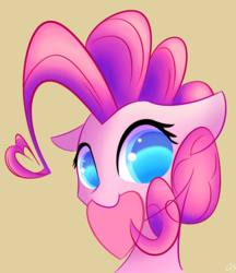 Size: 1653x1910 | Tagged: safe, artist:creepypastapon3, pinkie pie, pony, g4, bust, colored pupils, cute, diapinkes, female, floppy ears, heart, holiday, mouth hold, portrait, solo, tan background, transparent mane, valentine, valentine's day