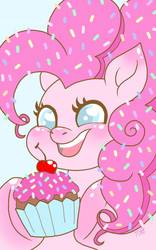 Size: 800x1280 | Tagged: safe, artist:alien-kisses, pinkie pie, earth pony, pony, g4, blushing, bust, colored pupils, cupcake, cute, diapinkes, ear blush, female, food, hoof hold, open mouth, portrait, solo, sprinkles