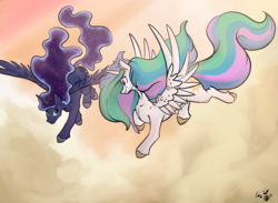 Size: 2795x2045 | Tagged: safe, artist:greyscaleart, derpibooru exclusive, princess celestia, princess luna, alicorn, pony, g4, constellation freckles, cute, duo, female, flying, greyscaleart is trying to murder us, high res, looking at each other, mare, royal sisters, siblings, sisters, sky, smiling, spread wings, wings