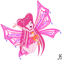 Size: 2161x2083 | Tagged: safe, artist:sparkling-sunset-s08, pinkie pie, fairy, human, equestria girls, g4, alternate hairstyle, bare shoulders, barefoot, clothes, crossover, crown, enchantix, fairy dust, fairy wings, fairyized, feet, female, gloves, hairstyle, hasbro, hasbro studios, high res, humanized, jewelry, long gloves, long hair, musa, pigtails, pink wings, rainbow s.r.l, regalia, smiling, solo, sparkly wings, strapless, winged humanization, wings, winx, winx club, winxified
