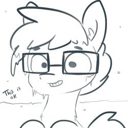 Size: 1650x1650 | Tagged: safe, artist:tjpones, oc, oc only, oc:tjpones, earth pony, pony, 2019, climate change, dialogue, ear fluff, freezing, frozen, glasses, grayscale, grin, hypothermia, ice, lineart, male, monochrome, ok, polar vortex, simple background, smiling, snow, solo, stallion, this is fine, white background, wide eyes