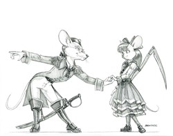 Size: 1400x1102 | Tagged: safe, artist:baron engel, apple bloom, oc, oc:king trafalgar maximilian augustus leopold iii, mouse, anthro, g4, grayscale, monochrome, pencil drawing, scythe, simple background, species swap, traditional art, white background