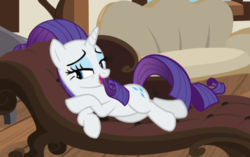 Size: 763x479 | Tagged: safe, screencap, rarity, pony, unicorn, g4, it isn't the mane thing about you, cropped, draw me like one of your french girls, fainting couch, female, lidded eyes, lying down, mare, open mouth, sitting, smiling, solo