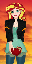 Size: 1100x2200 | Tagged: safe, artist:anonix123, sunset shimmer, human, g4, blushing, box of chocolates, clothes, equestria girls outfit, female, heart, heart shaped, holiday, humanized, jacket, looking at you, open mouth, pants, solo, valentine's day