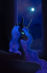 Size: 1300x2000 | Tagged: safe, artist:pumpkabooo, nightmare moon, alicorn, bat pony, bat pony alicorn, pony, bat wings, curved horn, dark, female, freckles, frown, full moon, glare, glowing eyes, horn, jewelry, lidded eyes, looking back, mare, missing accessory, moon, night, sky, slit pupils, solo, spread wings, stars, tiara, window, wings