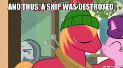 Size: 600x337 | Tagged: safe, edit, edited screencap, screencap, big macintosh, marble pie, sugar belle, earth pony, pony, best gift ever, g4, caption, female, heartbroken marble, image macro, impact font, male, memeful.com, ship:sugarmac, shipping, shipping denied, side chick, straight, text