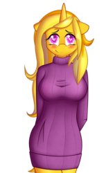Size: 1446x2362 | Tagged: safe, artist:xcinnamon-twistx, oc, oc only, oc:golden shine, unicorn, anthro, blushing, commission, cute, looking at you, shy, simple background, solo, sweater dress, transparent background, ych result