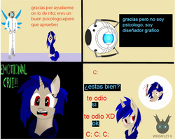Size: 2408x1920 | Tagged: safe, artist:wheatley r.h., oc, oc only, oc:wheatley ii, oc:zoey gallade, pony, unicorn, 4 panel comic, angry, blood, bloody knife, clothes, comic, crit, critical hit, dialogue, emotional crit!, female, hair, happy, horn, implied oc, jacket, knife, lab coat, looking up, mane, mare, missing cutie mark, misspelling, old art, old oc, open mouth, personality core, portal (valve), portal 2, red eyes, shocked, simple background, spanish, spanish text, tall, thought bubble, translated in the description, unicorn oc, vector, watermark, wheatley, wings