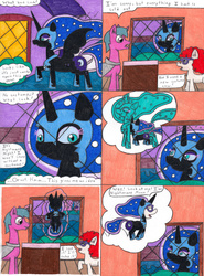 Size: 3267x4409 | Tagged: safe, artist:eternaljonathan, nightmare moon, twist, pony, g4, clothes, comic, costume, daydream, nightmare night, ponyville, traditional art, transformation