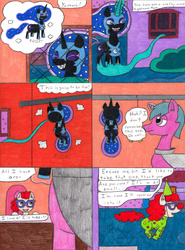 Size: 3269x4422 | Tagged: safe, artist:eternaljonathan, nightmare moon, twist, pony, g4, clothes, clown, comic, costume, daydream, dialogue, fetish, nightmare night, offscreen character, ponyville, traditional art, transformation, vore