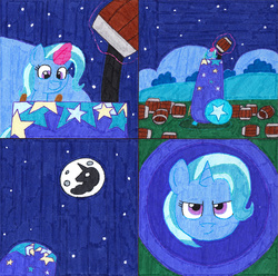 Size: 2657x2638 | Tagged: safe, artist:eternaljonathan, trixie, pony, g4, barrel, cannon, comic, gunpowder, high res, ink, moon, pony cannonball, traditional art