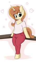 Size: 2160x3820 | Tagged: safe, artist:andelai, oc, oc only, oc:celice, unicorn, semi-anthro, arm hooves, bipedal, clothes, female, heart, high res, looking at you, mare, pants, shirt, solo