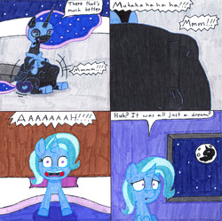 Size: 2653x2638 | Tagged: safe, artist:eternaljonathan, nightmare moon, trixie, pony, unicorn, g4, belly, big belly, comic, dialogue, dream, endosoma, female, fetish, high res, implied bedwetting, implied wetting, ink, lunapred, moon, muffled moaning, traditional art, trixie prey, urine, vore, wide eyes