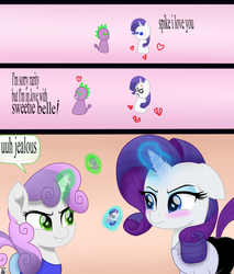 Size: 3499x4100 | Tagged: safe, artist:theretroart88, rarity, spike, sweetie belle, pony, g4, angry, annoyed, blushing, clothes, comic, cross-popping veins, eye contact, female, figurine, filly, frown, glare, glowing horn, gradient background, grin, gritted teeth, heart, heartbreak, horn, jealous, jealous rarity, levitation, lidded eyes, looking at each other, magic, male, mare, movie accurate, orange background, pants, pink background, rarity is not amused, ship:sparity, ship:spikebelle, shipping, shipping war, shirt, simple background, sisters, smiling, smirk, sparibelle, speech bubble, straight, telekinesis, text, unamused