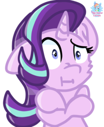 Size: 1014x1238 | Tagged: safe, artist:rainbow eevee, starlight glimmer, pony, unicorn, g4, :t, cheek fluff, confused, crossed arms, crossed hooves, female, mare, one ear down, pinpoint eyes, signature, simple background, solo, wat