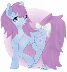 Size: 340x366 | Tagged: safe, artist:dreamilil, blue belle, pony, g1, abstract background, bow, cute, female, g1betes, looking at you, mare, raised hoof, signature, solo, tail, tail bow