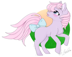 Size: 1024x811 | Tagged: safe, artist:dreamilil, ember (g1), earth pony, pony, g1, g4, bow, cute, female, field, filly, foal, g1 emberbetes, g1 to g4, generation leap, grass, grass field, ponyland, solo, tail bow