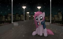 Size: 1598x998 | Tagged: safe, artist:chocodamai, pinkie pie, earth pony, pony, g4, city, clothes, female, lamppost, mare, pinkamena diane pie, scarf, solo