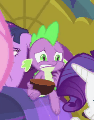 Size: 94x120 | Tagged: safe, edit, edited screencap, screencap, rarity, spike, twilight sparkle, alicorn, dragon, pony, ail-icorn, g4, interseason shorts, animated, bed, bowl, claws, cropped, female, gif, mare, picture for breezies, shocked, sicklight sparkle, solo focus, twilight sparkle (alicorn), winged spike, wings