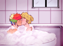 Size: 2235x1629 | Tagged: safe, artist:nolycs, applejack, rainbow dash, human, g4, bath, bathtub, bubble bath, female, half r63 shipping, humanized, kiss on the lips, kissing, male, nudity, rainbow blitz, rule 63, ship:appleblitz, ship:appledash, shipping, straight