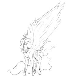 Size: 1060x1160 | Tagged: safe, artist:asgardian-mischief, princess celestia, alicorn, pony, g4, female, large wings, lineart, mare, simple background, sketch, solo, spread wings, white background, wings