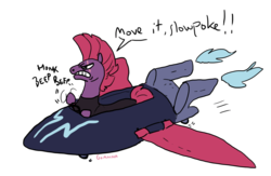 Size: 1280x832 | Tagged: safe, artist:goanna, tempest shadow, pony, g4, angry, beep beep, caption, dialogue, eye scar, female, mare, missing horn, nose wrinkle, scar, signature, simple background, sky skiff, solo, text, toy interpretation, transparent background