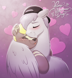 Size: 1977x2137 | Tagged: safe, artist:selenophile, oc, oc only, oc:canvas, oc:seleno, :p, blushing, chin fluff, cute, floppy ears, furry, hat, heart, holiday, hug, male, silly, snuggling, stallion, text, tongue out, valentine, valentine's day