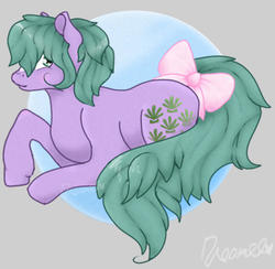 Size: 600x586 | Tagged: safe, artist:dreamilil, seashell (g1), pony, g1, abstract background, bow, coat markings, facial markings, looking at you, lying down, prone, signature, sitting, star (coat marking), tail bow