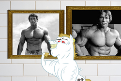 Size: 1100x734 | Tagged: safe, artist:balabinobim, bulk biceps, human, pegasus, pony, g4, arnold schwarzenegger, bodybuilder, ear piercing, earring, grayscale, jewelry, male, monochrome, muscles, piercing, stallion, vein