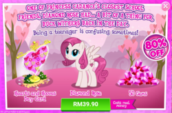 Size: 1041x689 | Tagged: safe, gameloft, diamond rose, pegasus, pony, g4, advertisement, costs real money, crack is cheaper, female, introduction card, mare, pink, sale