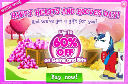 Size: 1036x683 | Tagged: safe, gameloft, shining armor, pony, g4, advertisement, hearts and hooves day, holiday, sale, valentine's day