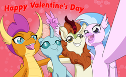 Size: 6500x4000 | Tagged: safe, artist:chedx, autumn blaze, ocellus, silverstream, smolder, changedling, changeling, classical hippogriff, dragon, hippogriff, kirin, g4, sounds of silence, cloven hooves, dragoness, fanart, female, friendship, hearts and hooves day, holiday, selfie, valentine's day