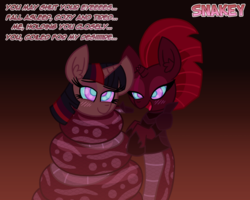 Size: 960x768 | Tagged: dead source, safe, artist:snakeythingy, tempest shadow, twilight sparkle, lamia, original species, snake pony, g4, my little pony: the movie, blushing, coils, eyelashes, eyeshadow, female, femdom, femsub, fetish, flustered, gradient background, happy trance, holiday, hypnosis fetish, implied arousal, interspecies, intimate, kaa eyes, lamiafied, lesbian, looking at you, makeup, mind control, open up your eyes, pleasure, relaxed, seduction, seductive look, ship:tempestlight, shipping, species swap, story included, stupid sexy tempest shadow, submissive, swirly eyes, tempestdom, this will end in snu snu, trance, twisub, valentine's day, yandere