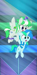 Size: 632x1264 | Tagged: safe, artist:aureai-sketches, artist:cyanlightning, artist:laszlvfx, edit, oc, oc only, oc:blue sky lightning, oc:cyan lightning, oc:emerald lightning, oc:green lightning, pegasus, pony, unicorn, .svg available, assisted flying, brother and sister, chest fluff, clothes, colt, duo, ear fluff, female, filly, flying, leg warmers, male, open mouth, plushie, scarf, siblings, spread wings, vector, wallpaper, wallpaper edit, wings