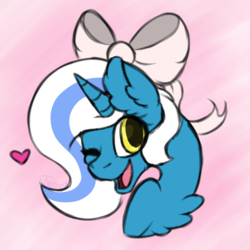 Size: 803x802 | Tagged: safe, oc, oc:fleurbelle, alicorn, pony, adorabelle, adorable face, alicorn oc, bow, chest fluff, cute, female, hair bow, happy, heart, long eyelashes, looking at you, mare, mouth, one eye closed, pink background, pink bow, ribbon, simple background, sweet, wink, yellow eyes