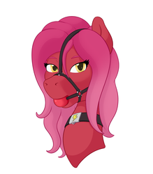 Size: 859x980 | Tagged: safe, artist:magic-violet, oc, oc only, oc:volt, pony, ballgag, bridle, bust, collar, cute, female, gag, harness gag, looking at you, simple background, solo, tack, white background