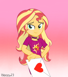 Size: 4000x4500 | Tagged: safe, artist:tabrony23, sunset shimmer, equestria girls, g4, my little pony equestria girls: better together, female, gradient background, heart, holiday, looking at you, mail, offscreen character, pov, show accurate, smiling, solo, valentine's day