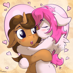 Size: 4000x4000 | Tagged: safe, artist:rainihorn, oc, oc:luscious desire, bat pony, pony, unicorn, bat pony oc, blushing, heart, hearts and hooves day, kissing, open mouth, ych result