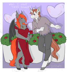 Size: 2371x2532 | Tagged: safe, artist:liilin, oc, oc:diamond sword, oc:grem, bat pony, unicorn, anthro, anthro oc, bat pony oc, big breasts, breasts, clothes, dress, female, flower, gremond, high res, holiday, jewelry, male, necklace, ranchtown, rose, straight, valentine's day