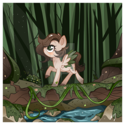 Size: 800x800 | Tagged: safe, artist:ipun, oc, oc only, oc:pacific pine, pegasus, pony, deviantart watermark, female, forest, heart eyes, mare, obtrusive watermark, solo, tree, two toned wings, vine, watermark, wingding eyes