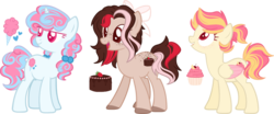 Size: 1024x426 | Tagged: safe, artist:ivybruh, oc, oc only, oc:cotton candy cupcakes, oc:strawberry lemon cupcakes, oc:strawberry tuxedo cake, earth pony, pegasus, pony, unicorn, female, mare, simple background, transparent background