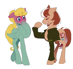 Size: 3478x3316 | Tagged: safe, artist:mylittlesheepy, oc, oc only, oc:roulette, oc:sunny hymn, earth pony, pegasus, pony, fallout equestria, fallout equestria: red 36, blushing, clothes, covering mouth, cute, embarrassed, fanfic art, female, flexing, flirting, high res, jacket, lesbian, mare, ponytail, showing off, simple background, sparkles, transparent background